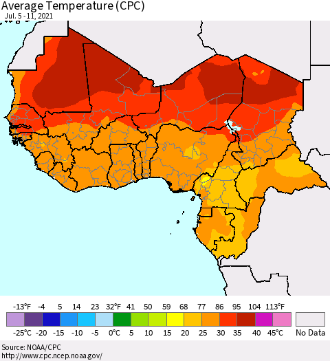Western Africa Average Temperature (CPC) Thematic Map For 7/5/2021 - 7/11/2021