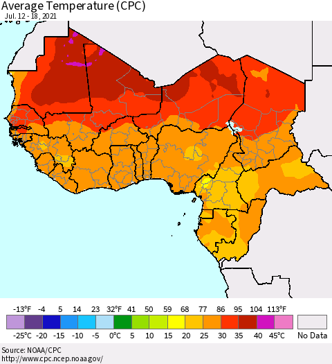 Western Africa Average Temperature (CPC) Thematic Map For 7/12/2021 - 7/18/2021