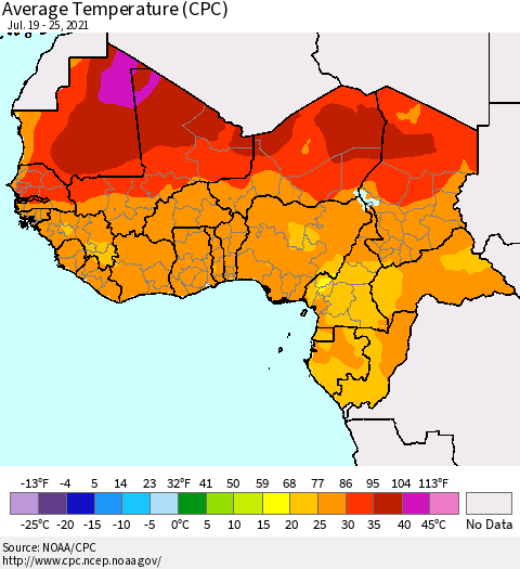 Western Africa Average Temperature (CPC) Thematic Map For 7/19/2021 - 7/25/2021