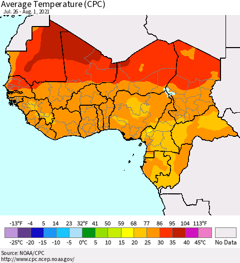 Western Africa Average Temperature (CPC) Thematic Map For 7/26/2021 - 8/1/2021