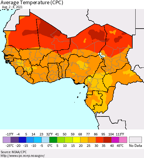 Western Africa Average Temperature (CPC) Thematic Map For 8/2/2021 - 8/8/2021