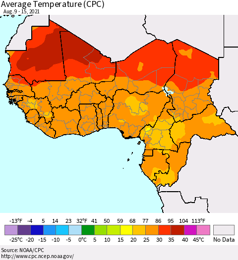 Western Africa Average Temperature (CPC) Thematic Map For 8/9/2021 - 8/15/2021