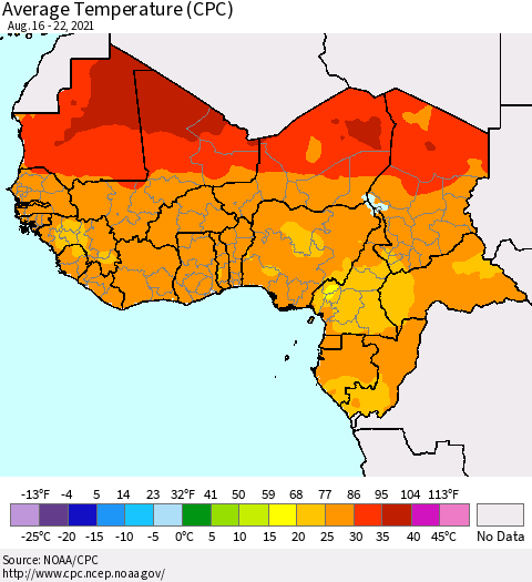 Western Africa Average Temperature (CPC) Thematic Map For 8/16/2021 - 8/22/2021