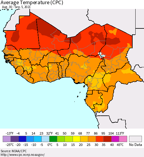 Western Africa Average Temperature (CPC) Thematic Map For 8/30/2021 - 9/5/2021