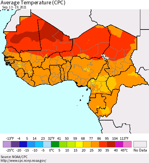 Western Africa Average Temperature (CPC) Thematic Map For 9/13/2021 - 9/19/2021