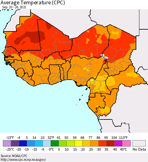 Western Africa Average Temperature (CPC) Thematic Map For 9/20/2021 - 9/26/2021