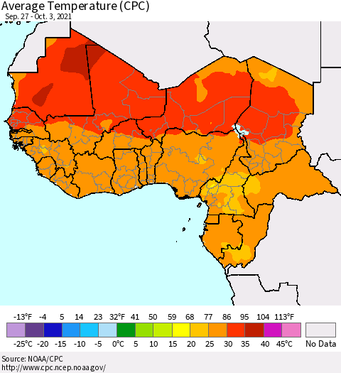 Western Africa Average Temperature (CPC) Thematic Map For 9/27/2021 - 10/3/2021