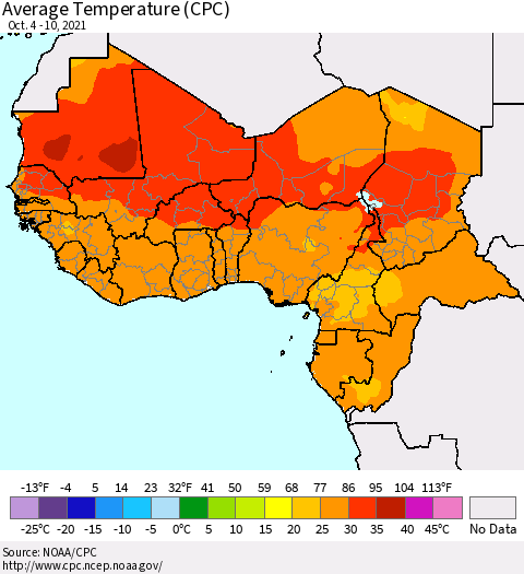 Western Africa Average Temperature (CPC) Thematic Map For 10/4/2021 - 10/10/2021