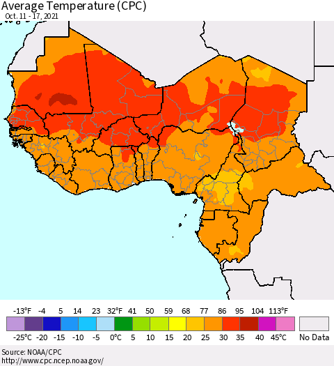 Western Africa Average Temperature (CPC) Thematic Map For 10/11/2021 - 10/17/2021