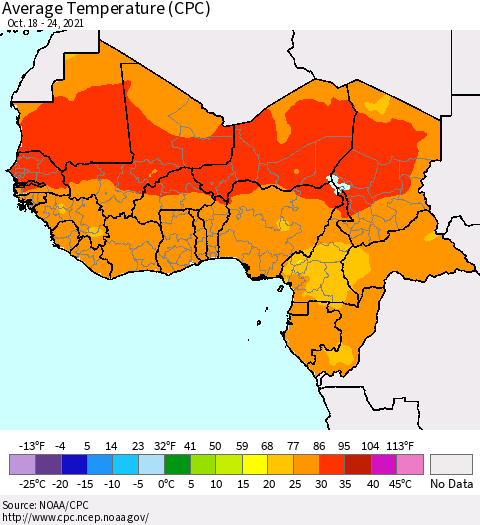 Western Africa Average Temperature (CPC) Thematic Map For 10/18/2021 - 10/24/2021