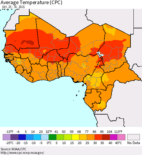 Western Africa Average Temperature (CPC) Thematic Map For 10/25/2021 - 10/31/2021