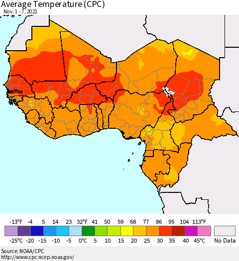 Western Africa Average Temperature (CPC) Thematic Map For 11/1/2021 - 11/7/2021
