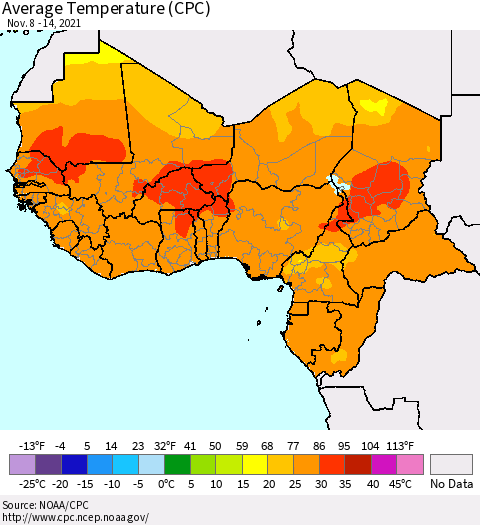 Western Africa Average Temperature (CPC) Thematic Map For 11/8/2021 - 11/14/2021