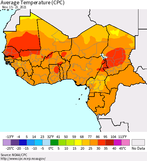 Western Africa Average Temperature (CPC) Thematic Map For 11/15/2021 - 11/21/2021