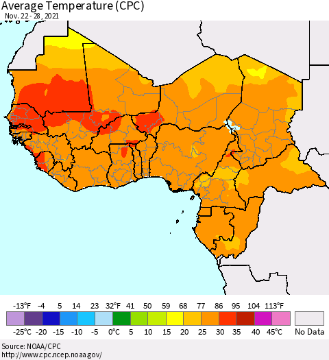 Western Africa Average Temperature (CPC) Thematic Map For 11/22/2021 - 11/28/2021