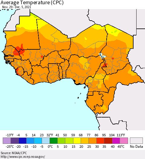 Western Africa Average Temperature (CPC) Thematic Map For 11/29/2021 - 12/5/2021