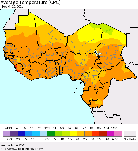 Western Africa Average Temperature (CPC) Thematic Map For 12/6/2021 - 12/12/2021