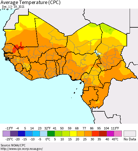 Western Africa Average Temperature (CPC) Thematic Map For 12/13/2021 - 12/19/2021
