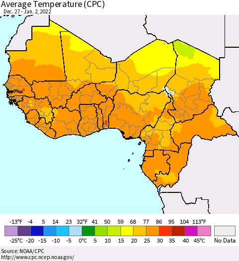 Western Africa Average Temperature (CPC) Thematic Map For 12/27/2021 - 1/2/2022