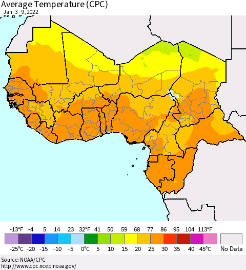 Western Africa Average Temperature (CPC) Thematic Map For 1/3/2022 - 1/9/2022
