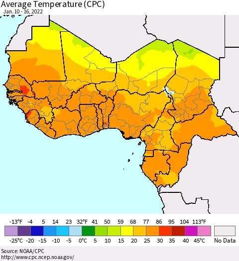 Western Africa Average Temperature (CPC) Thematic Map For 1/10/2022 - 1/16/2022