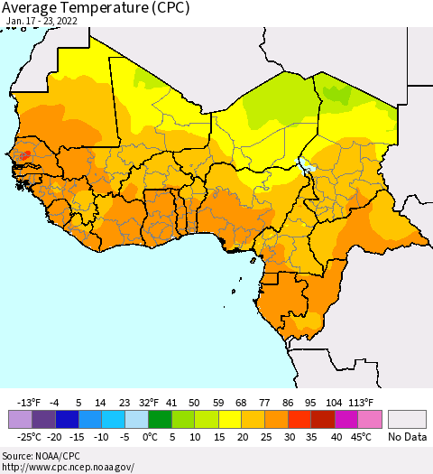 Western Africa Average Temperature (CPC) Thematic Map For 1/17/2022 - 1/23/2022