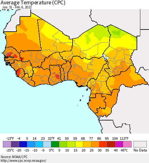 Western Africa Average Temperature (CPC) Thematic Map For 1/31/2022 - 2/6/2022