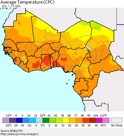Western Africa Average Temperature (CPC) Thematic Map For 2/7/2022 - 2/13/2022
