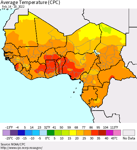Western Africa Average Temperature (CPC) Thematic Map For 2/14/2022 - 2/20/2022