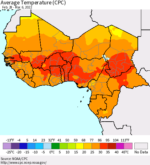 Western Africa Average Temperature (CPC) Thematic Map For 2/28/2022 - 3/6/2022