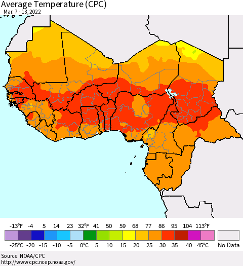 Western Africa Average Temperature (CPC) Thematic Map For 3/7/2022 - 3/13/2022