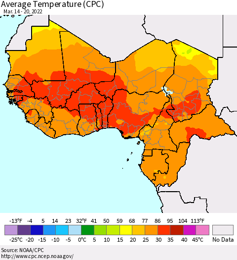 Western Africa Average Temperature (CPC) Thematic Map For 3/14/2022 - 3/20/2022