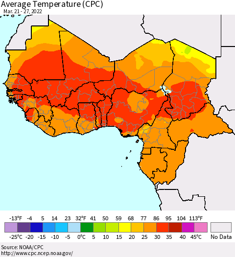 Western Africa Average Temperature (CPC) Thematic Map For 3/21/2022 - 3/27/2022