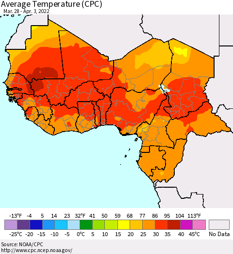 Western Africa Average Temperature (CPC) Thematic Map For 3/28/2022 - 4/3/2022