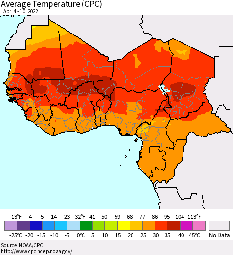 Western Africa Average Temperature (CPC) Thematic Map For 4/4/2022 - 4/10/2022