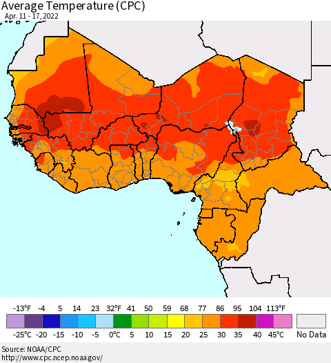 Western Africa Average Temperature (CPC) Thematic Map For 4/11/2022 - 4/17/2022