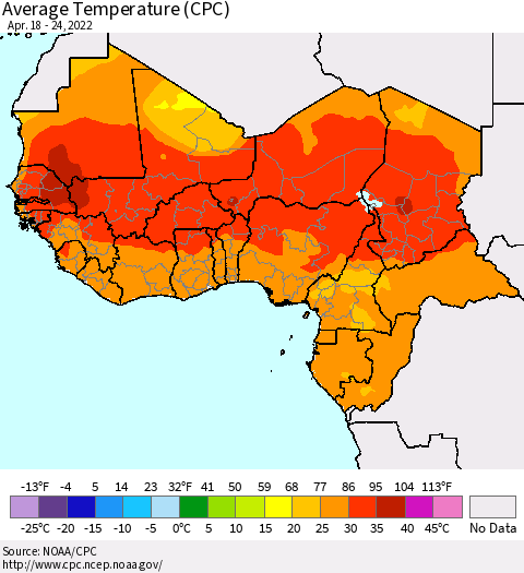 Western Africa Average Temperature (CPC) Thematic Map For 4/18/2022 - 4/24/2022