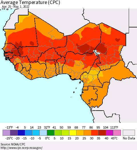 Western Africa Average Temperature (CPC) Thematic Map For 4/25/2022 - 5/1/2022