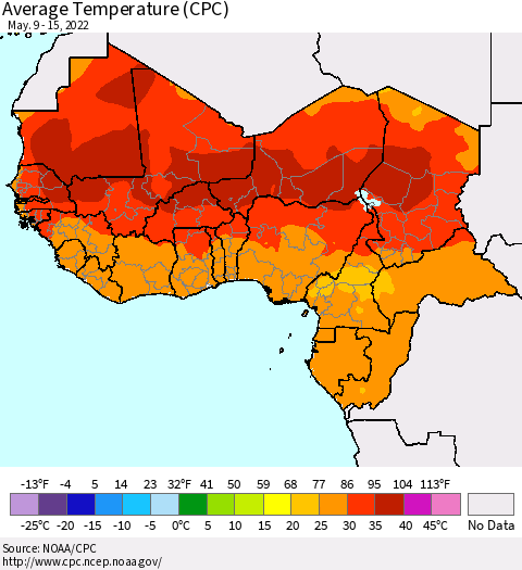 Western Africa Average Temperature (CPC) Thematic Map For 5/9/2022 - 5/15/2022
