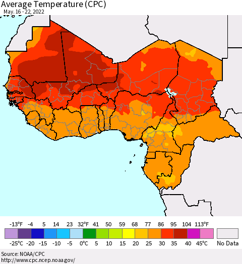 Western Africa Average Temperature (CPC) Thematic Map For 5/16/2022 - 5/22/2022
