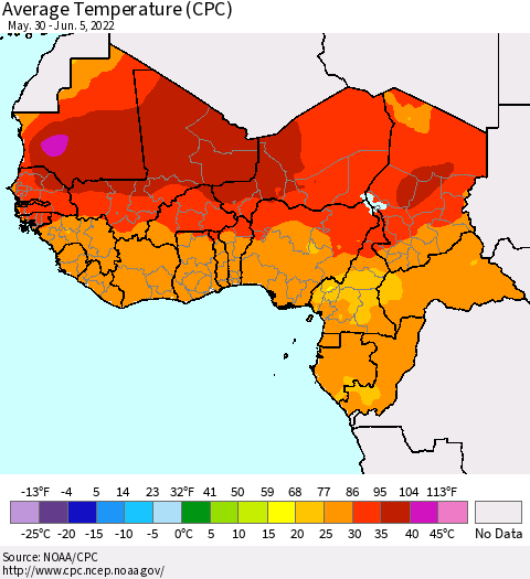 Western Africa Average Temperature (CPC) Thematic Map For 5/30/2022 - 6/5/2022