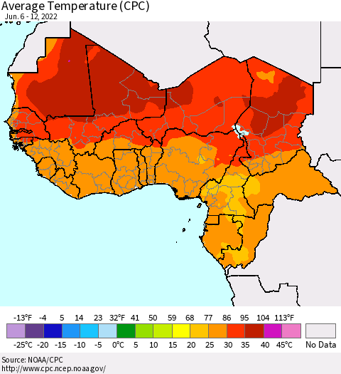 Western Africa Average Temperature (CPC) Thematic Map For 6/6/2022 - 6/12/2022