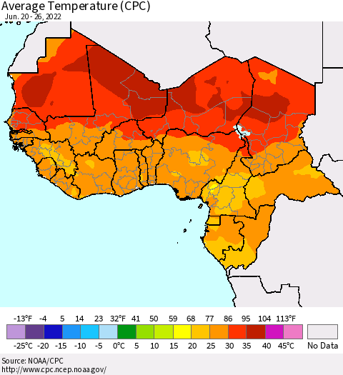 Western Africa Average Temperature (CPC) Thematic Map For 6/20/2022 - 6/26/2022