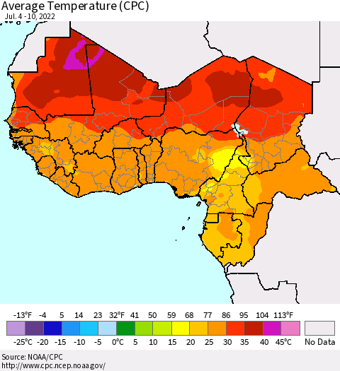 Western Africa Average Temperature (CPC) Thematic Map For 7/4/2022 - 7/10/2022