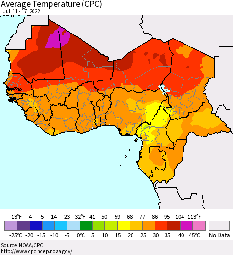 Western Africa Average Temperature (CPC) Thematic Map For 7/11/2022 - 7/17/2022