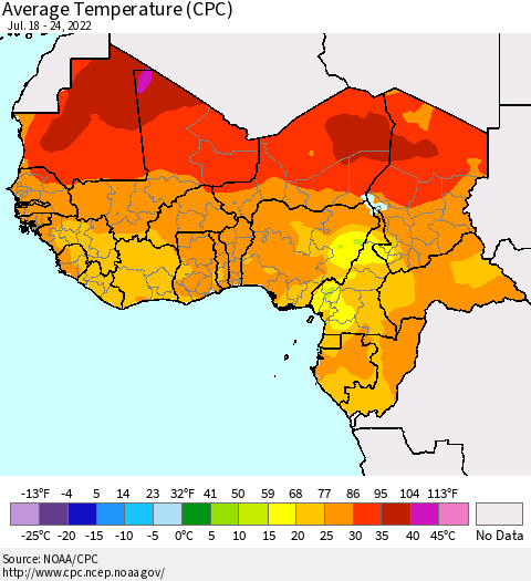 Western Africa Average Temperature (CPC) Thematic Map For 7/18/2022 - 7/24/2022
