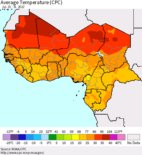 Western Africa Average Temperature (CPC) Thematic Map For 7/25/2022 - 7/31/2022