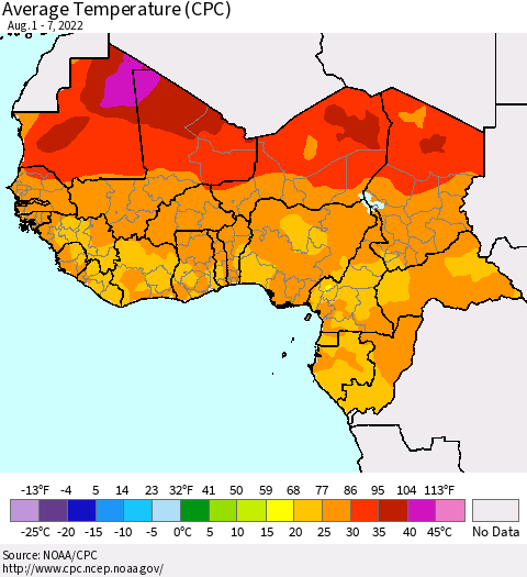 Western Africa Average Temperature (CPC) Thematic Map For 8/1/2022 - 8/7/2022
