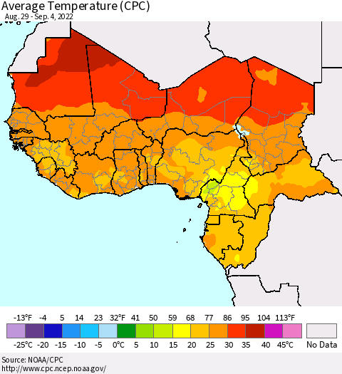 Western Africa Average Temperature (CPC) Thematic Map For 8/29/2022 - 9/4/2022