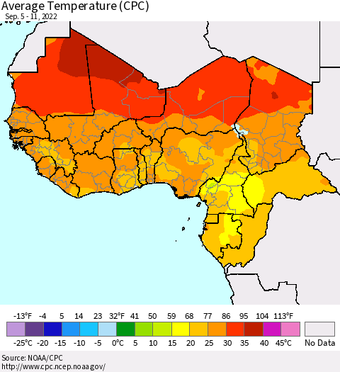 Western Africa Average Temperature (CPC) Thematic Map For 9/5/2022 - 9/11/2022